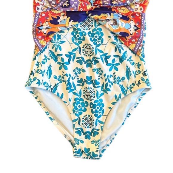 Johnny Was Floral Ellyo Twist Front One-Piece Swimsuit Teal Orange XS - Picture 10 of 13